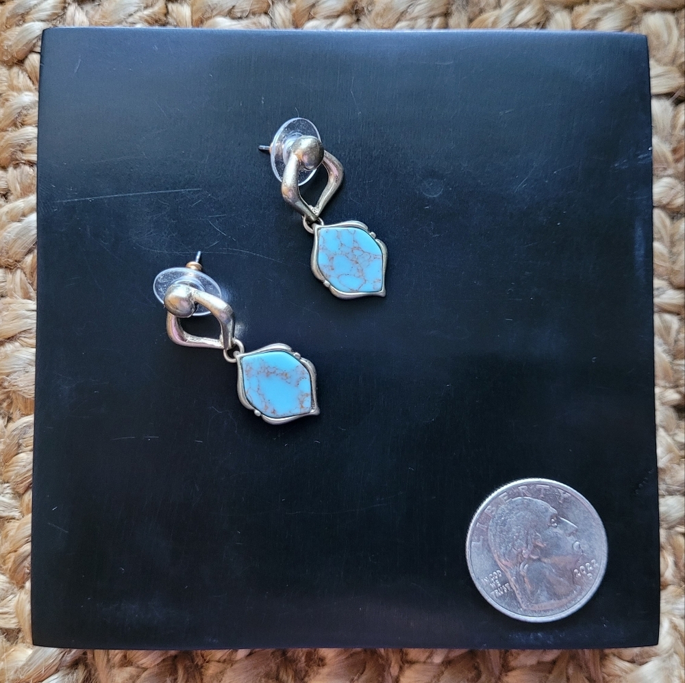 Marbled Turquoise and Gold Toned Dangle Earrings - Picture 3 of 3
